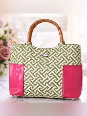 Bumblebee Geometric Canvas Bamboo Handle Satchel Green Pink NWT
